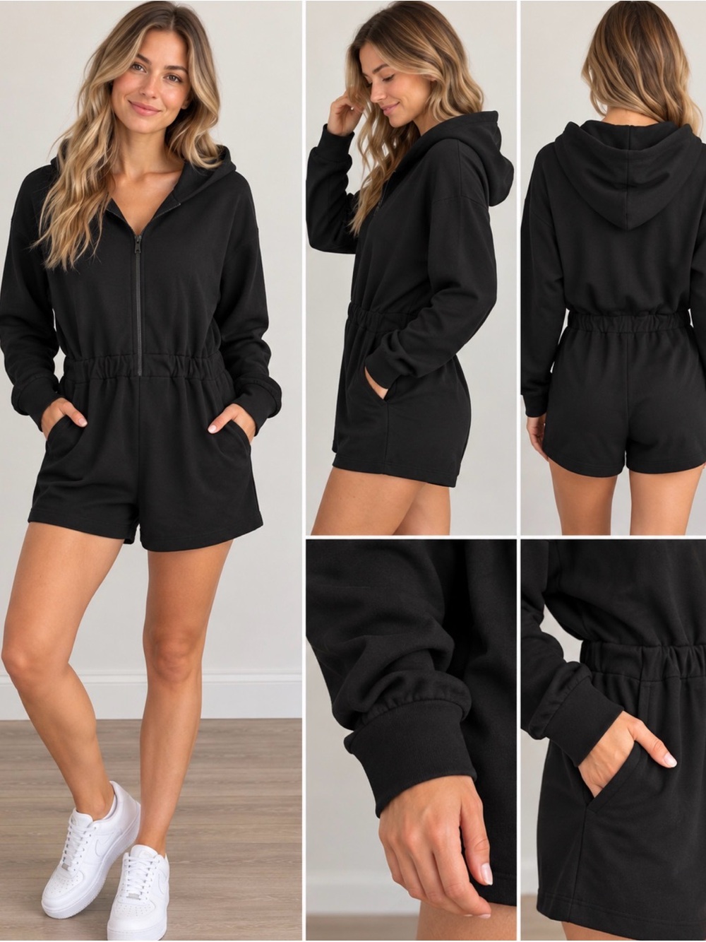 Smash + Tess Black Hooded Zip Romper